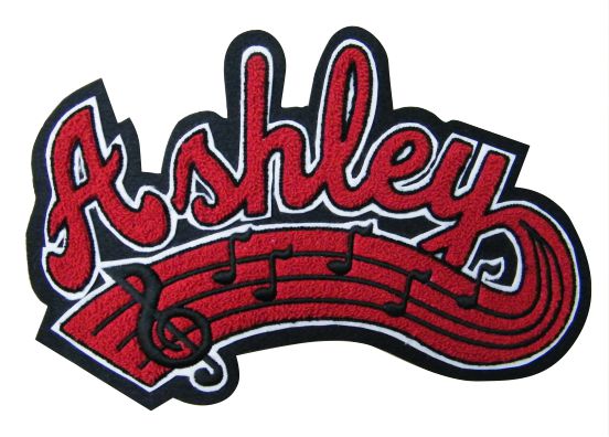 Chenille letterman jacket patch script name with tail and inserts