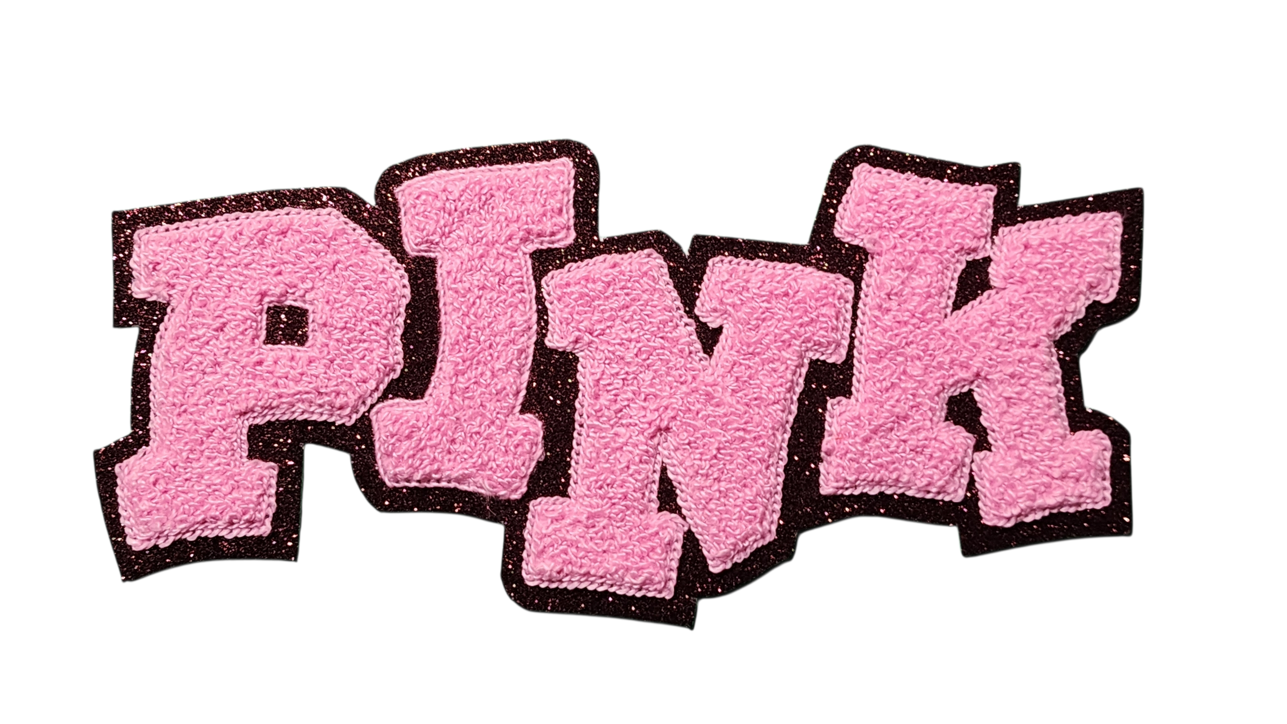 Chenille Pink Crazy Block Letter Word With Glitter