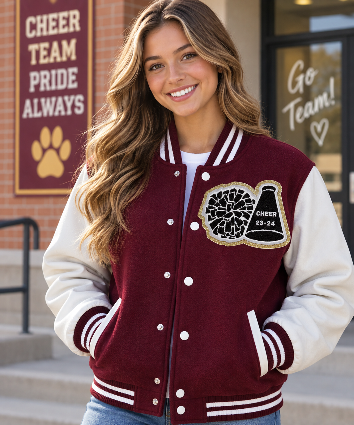 Chenille Megaphone and Pom Pom on Letterman Jacket