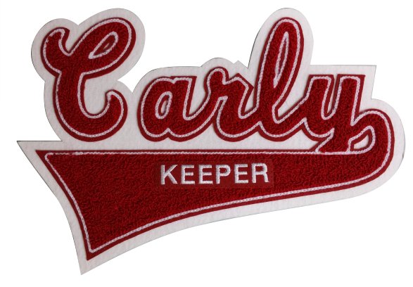 Chenille script name with tail and insert lettering