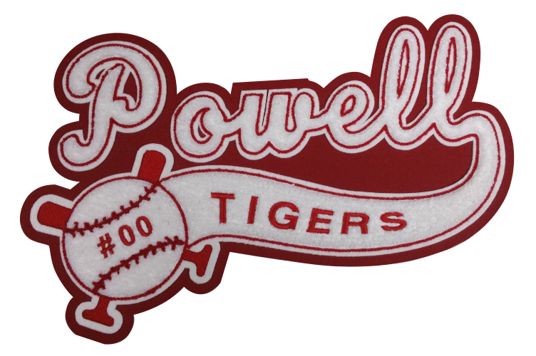 Chenille script name with special tail, crossed bat and ball with team name
