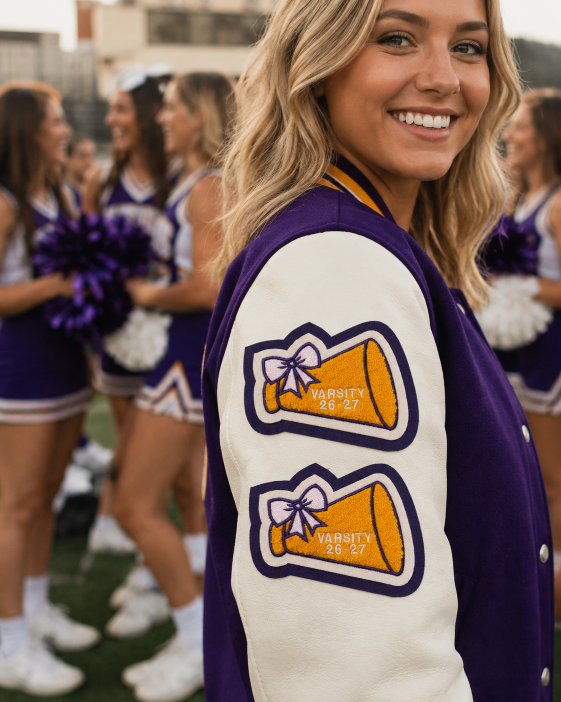 Megaphone with bow on letterman jacket sleeve