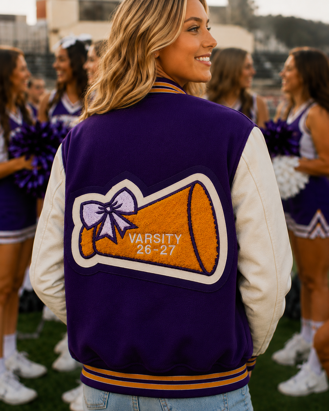 Large chenille Megaphone with Bow on the back of a letterman jacket