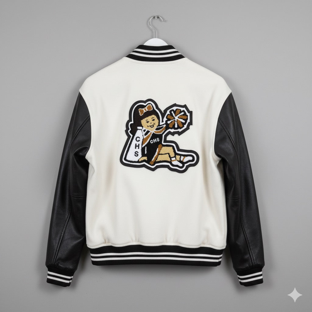 Chenille Cheerleader Mascot On A High School Letterman Jacket