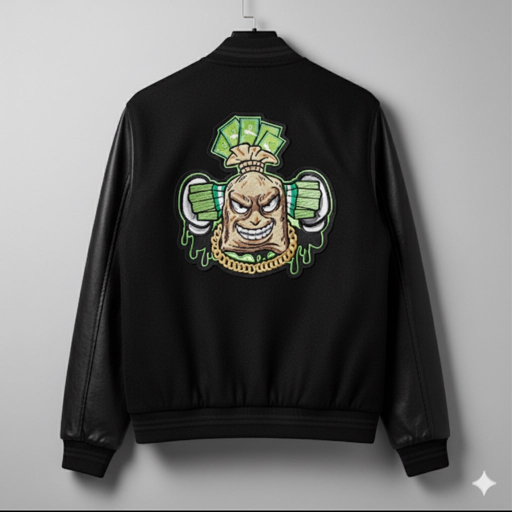 Chenille and Embroidery Patch on Wool Body Jacket With Leather Sleeves