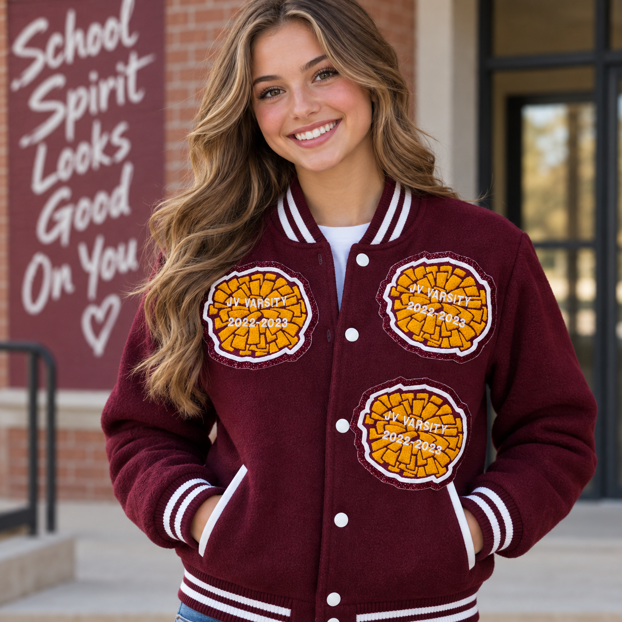 Chenille Pom Poms with Glitter on a Letterman Jacket