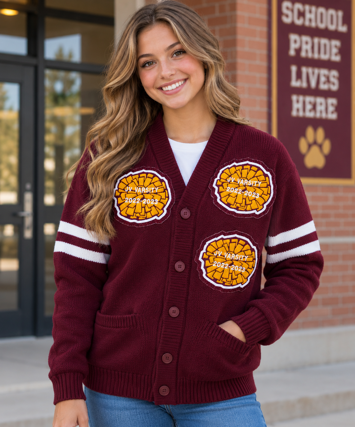 Chenille Pom Poms with glitter on a Letterman Sweater