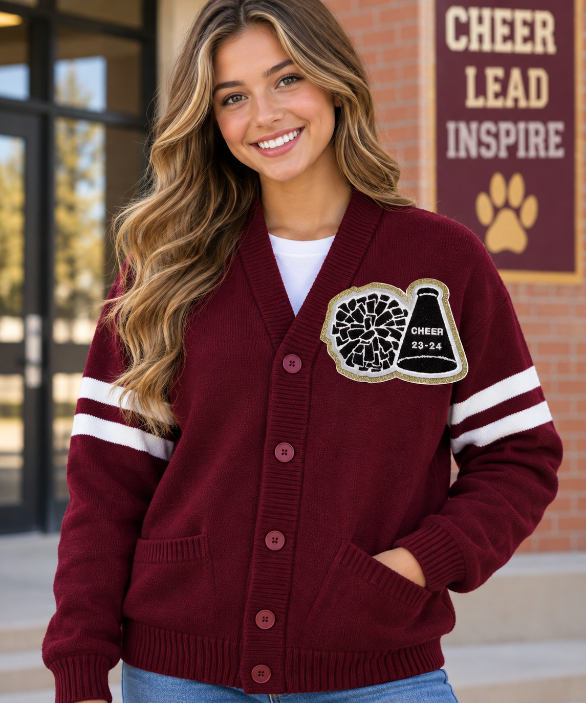 Chenille Megaphone and Pom Pom on Letterman Sweater
